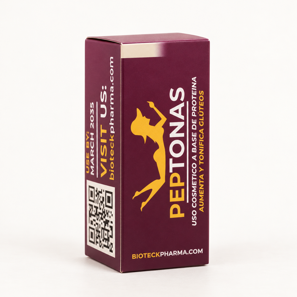 Caja de Peptonas Brasileñas BIOTECKPHARMA, vista en ángulo sobre fondo claro.