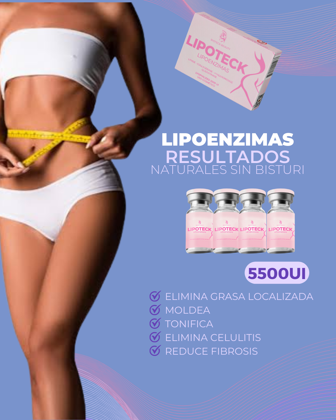 Lipo enzimas 5,500 UI - Lipase 1,500UI- Collagenase 1,500UI- Hyaluronidase 1,500 UI - Queratinase 1,500 UI | Elimina grasa, baja y molde tu figura| Tratamiento de 4 Semanas | Lipo sin cirugía.