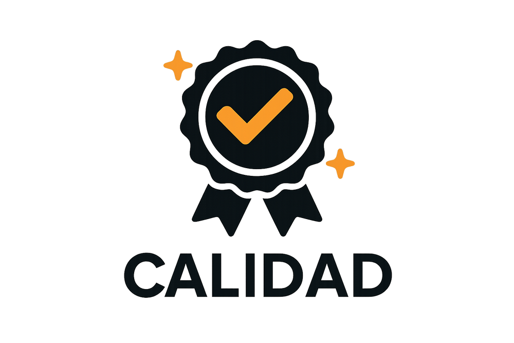 calidad con texto, icono color negro con naranja