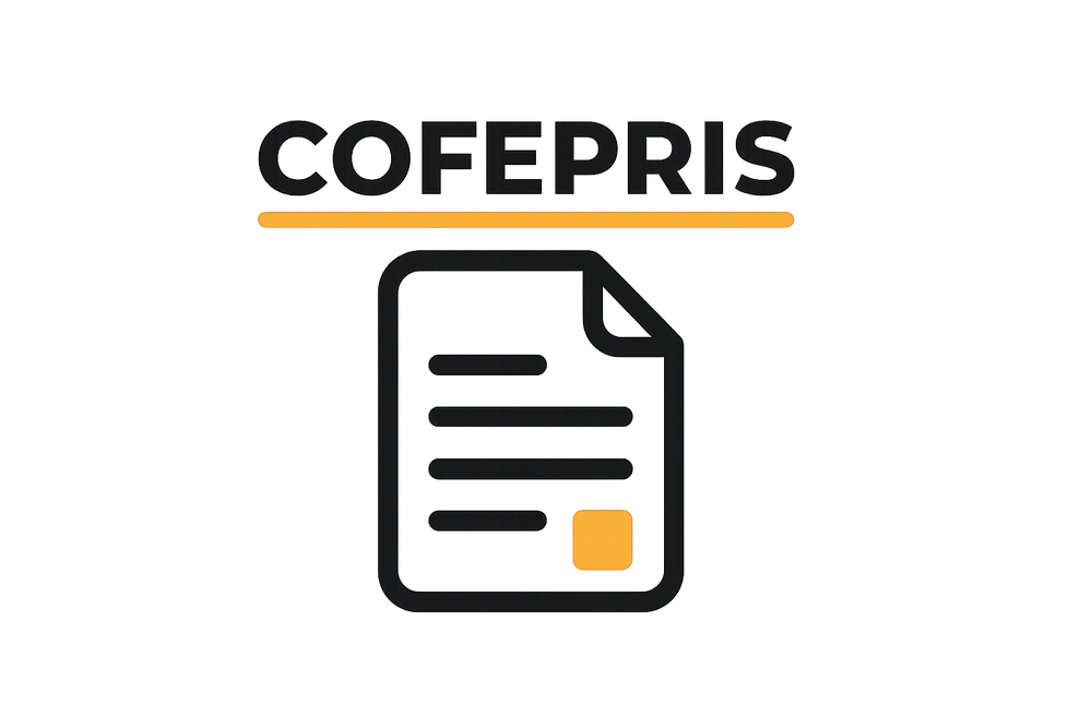 icono de documento con texto arriba COFEPRIS, en color negro con naranja